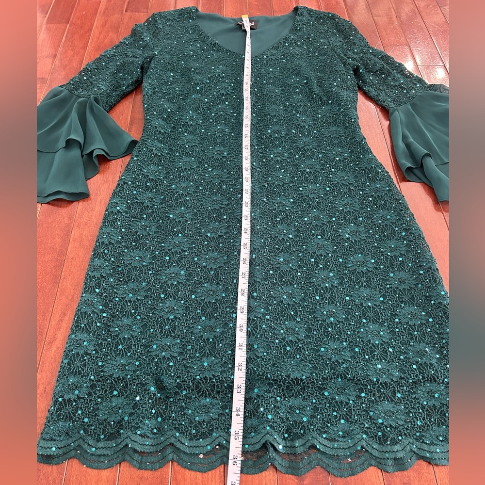 Connected Apparel Emerald Green Long Sleeve Sequin Lace Dress Size 6 - Picture 6 of 8